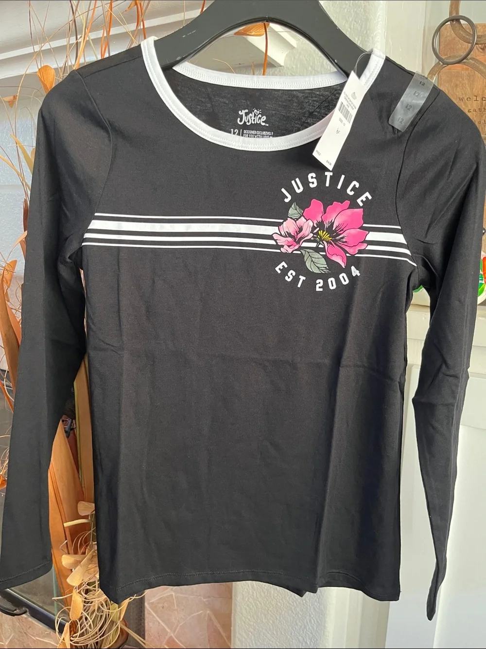 Justice Black Long Sleeve Tee with Pink Floral Accent
